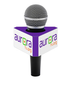 Aurora TV 6-sided mic flag on a handheld microphone