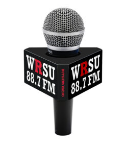 Rutgers 6-sided mic flag on a handheld microphone