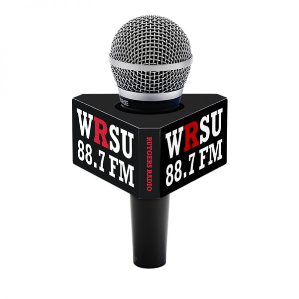 Rutgers 6-sided mic flag on a handheld microphone